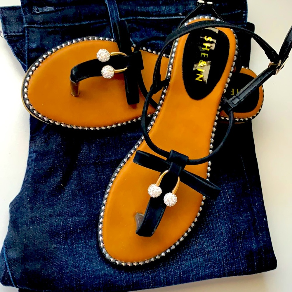 Black strappy bow sandals, gold silver embellished
